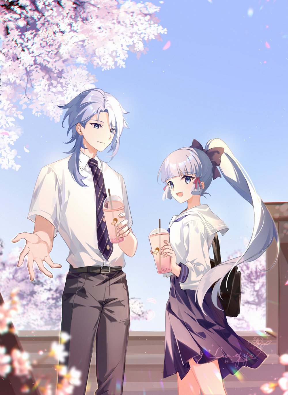 1boy, 1girl, ayaka_(genshin_impact), blue_eyes, blue_hair, brother_and_sister, bubble_tea, closed_mouth