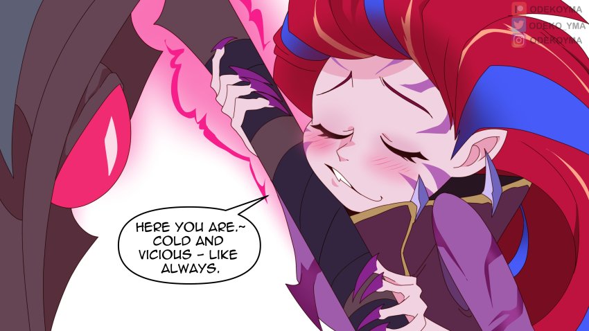 1girl, absurdres, alternate_costume, artist_name, bare_shoulders, blue_hair, blush, claws, closed_eyes, colored_skin, english_text, facial_mark, hands_up, highres, holding, holding_scythe, instagram_logo, league_of_legends, long_hair, multicolored_hair, odeko_yma, patreon_logo, pink_skin, red_hair, rhaast, scythe, simple_background, smile, twitter_logo, white_background, zoe_(league_of_legends)