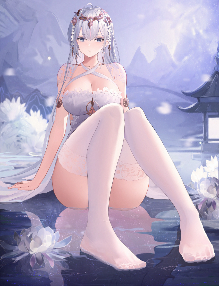 1girl, absurdres, arm_support, azur_lane, blue_eyes, blush, breasts, cleavage, criss-cross_halter, dido_(magicc), dress, emden_(azur_lane), emden_(moonsilver_union)_(azur_lane), feet, flower, foot_focus, foreshortening, halterneck, highres, lace, lace-trimmed_legwear, lace_trim, large_breasts, long_hair, looking_at_viewer, no_shoes, reflection, reflective_liquid, see-through_clothes, see-through_legwear, shallow_water, sitting, sitting_on_water, solo, thighhighs, thighs, toes, water, white_dress, white_hair, white_thighhighs