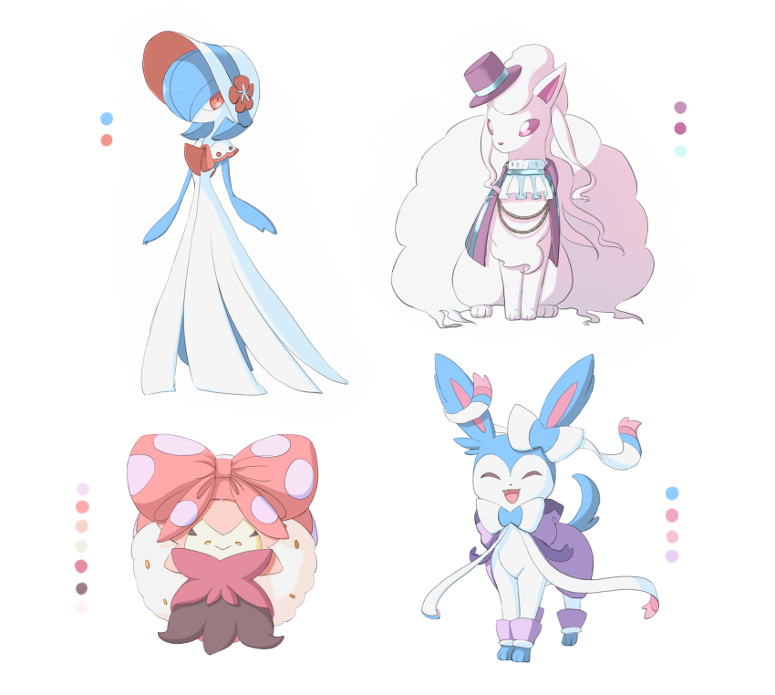 1girl, :>, ^_^, absurdres, alolan_form, alolan_ninetales, alolan_ninetales_(tuxedo), alternate_color, ascot, blue_hair, blue_skin, bob_cut, bonnet, bow, cape, capelet, closed_eyes, closed_mouth, clothed_pokemon, color_guide, colored_skin, eldegoss, eldegoss_(big_ribbon), facing_viewer, fangs, flat_chest, full_body, gardevoir, gardevoir_(fashionable), gen_3_pokemon, gen_6_pokemon, gen_7_pokemon, gen_8_pokemon, hair_bow, hair_over_one_eye, happy, hat, highres, long_hair, looking_to_the_side, mini_hat, mini_top_hat, mogu_(mogu_mogu_um), multicolored_skin, nintendo, one_eye_covered, open_mouth, orange_eyes, pink_eyes, pokemon, pokemon_(creature), pokemon_unite, polka_dot, polka_dot_bow, purple_cape, purple_headwear, red_bow, red_eyes, red_trim, ribbon, rope, shiny_pokemon, short_hair, simple_background, smile, standing, straight-on, sylveon, sylveon_(poncho), tilted_headwear, top_hat, two-tone_skin, white_ascot, white_background, white_bonnet, white_bow, white_capelet, white_hair, white_headwear, white_ribbon, white_skin