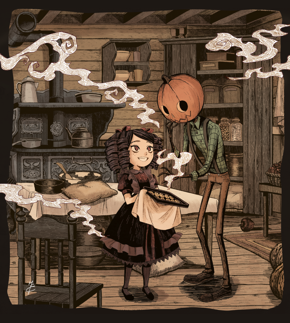 1boy, 1girl, apple, apron, baking, basket, black_hair, bottle, bow, chair, cookie, cupboard, dress, flour, food, freckles, frilled_apron, frilled_dress, frills, fruit, frying_pan, grin, hackto, hair_bow, holding, indoors, jack-o'-lantern, jar, kitchen, mixing_bowl, monster, original, pan, ringlets, shelf, smile, smoke, stove, suspenders, tray, twintails, wooden_floor