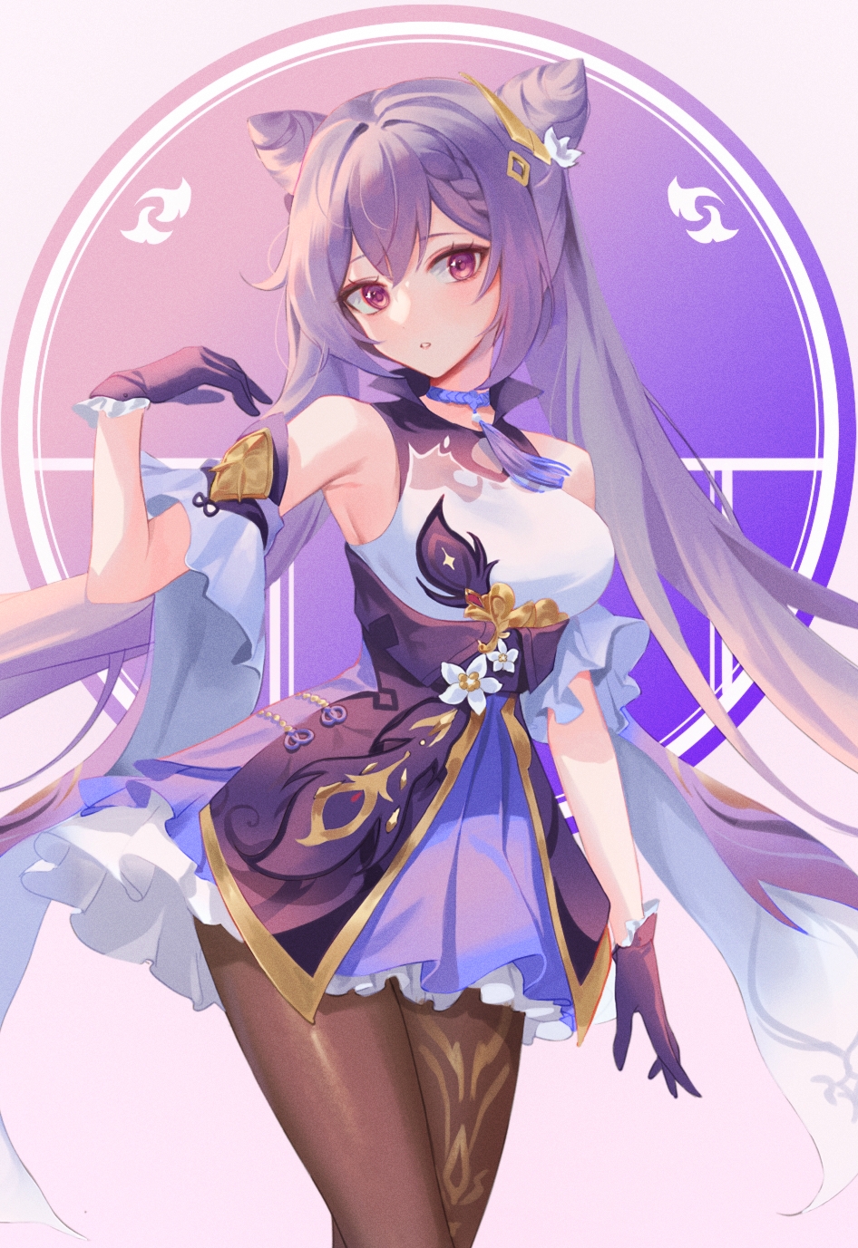 1girl, armpits, bad_id, bad_pixiv_id, bare_shoulders, braid, brown_pantyhose, choker