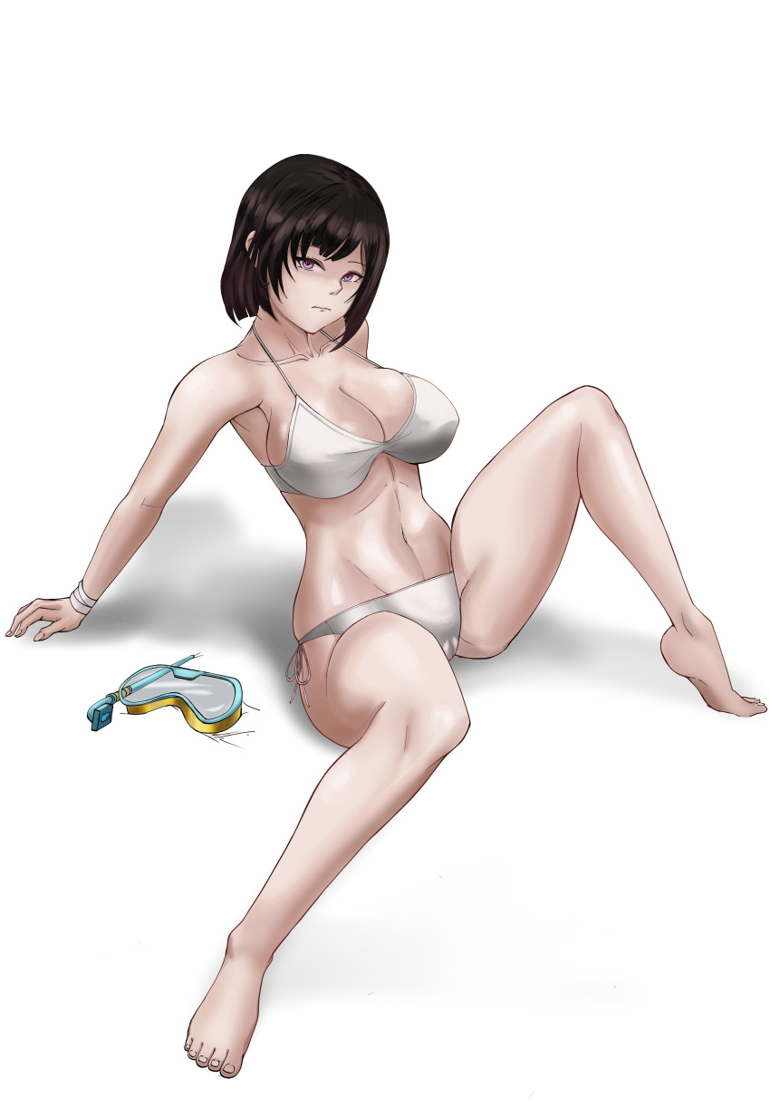 1girl, absurdres, arms_behind_back, bandaged_arm, bandages, bare_legs, bare_shoulders, barefoot