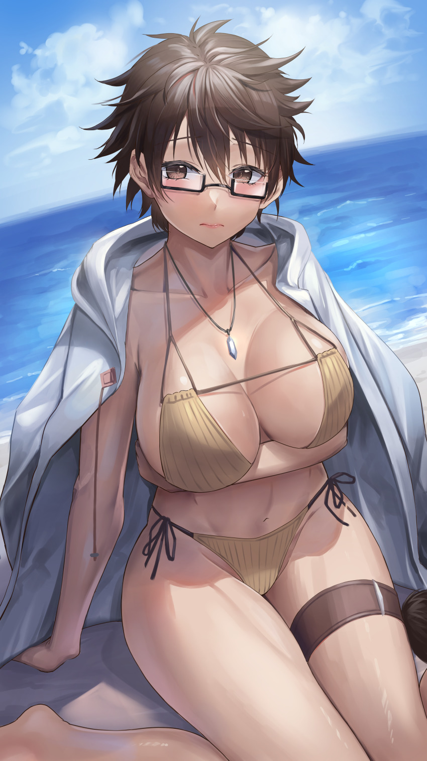 1girl, absurdres, arm_support, arm_under_breasts, aussa_(yu-gi-oh!), aussa_the_earth_channeler, beach, bikini, blue_sky, blush, breasts, brown_bikini, brown_eyes, brown_hair, cleavage, closed_mouth, cloud, coat, coat_on_shoulders, collarbone, commentary_request, day, duel_monster, glasses, groin, hair_between_eyes, highres, hood, hood_down, hooded_coat, jewelry, large_breasts, messy_hair, navel, necklace, ocean, outdoors, sayaka_ikku, shadow, short_hair, side-tie_bikini_bottom, sidelocks, sitting, sky, solo, stomach, swimsuit, thigh_strap, wariza, white_coat, yu-gi-oh!