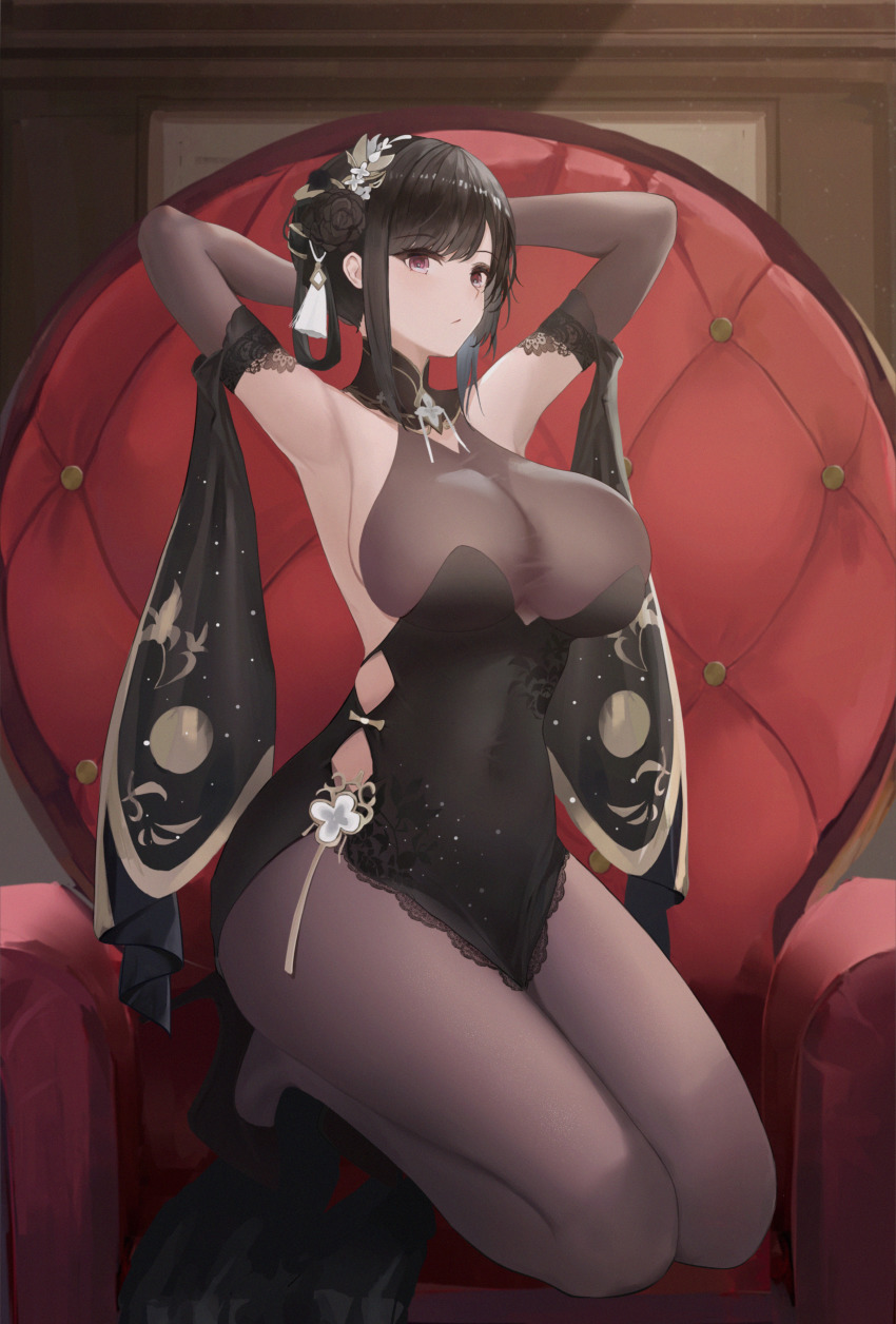 1girl, absurdres, armchair, armpits, arms_behind_head, azur_lane, black_dress, black_footwear