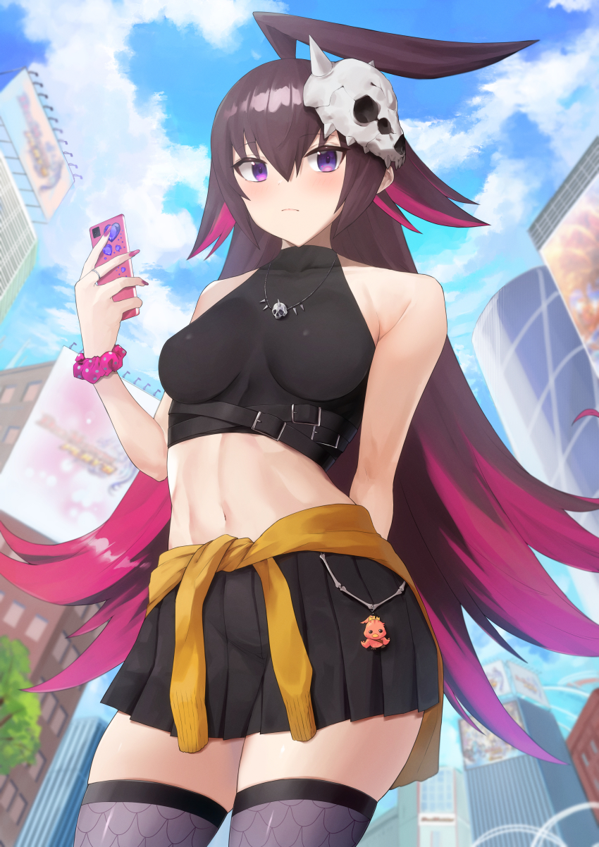1girl, abs, absurdres, bare_shoulders, belt, belt_buckle, black_hair, black_nails, blue_sky, bone, breasts, buckle, building, cellphone, chest_belt, city, cloud, colored_inner_hair, dapiko_(duel_masters), duel_masters, duel_masters_play's, highres, holding, holding_phone, jewelry, kataku_musou, long_hair, looking_at_viewer, midriff, multicolored_hair, multiple_belts, nail_polish, navel, necklace, outdoors, phone, purple_eyes, purple_hair, purple_nails, ring, short_shorts, shorts, skindentation, skull, skull_belt, skull_necklace, skull_ornament, sky, sleeveless, solo, standing, stomach, thick_thighs, thighhighs, thighs