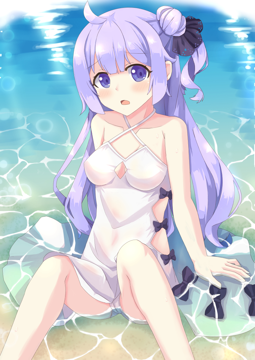 1girl, ahoge, azur_lane, bare_arms, bare_shoulders, black_bow, black_ribbon, blush