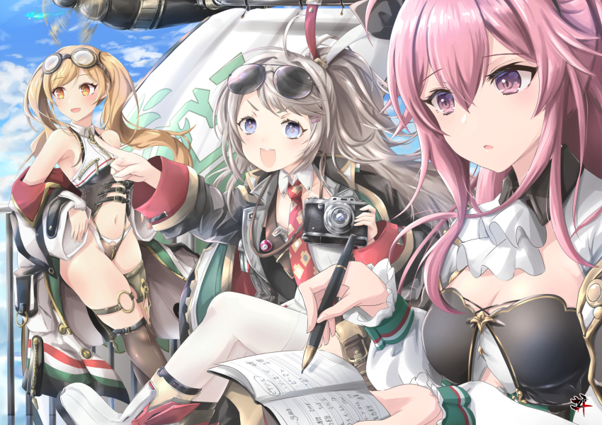 3girls, alfredo_oriani_(azur_lane), azur_lane, bandeau, black_jacket, blonde_hair, blue_eyes, breast_zipper