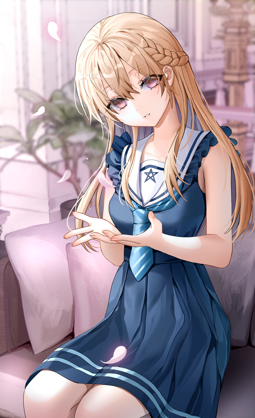 1girl, bare_arms, berkut_(girly_air_force), blonde_hair, blue_dress, blue_necktie, blurry, blurry_background