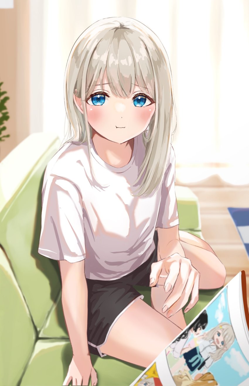 3girls, :i, aged_up, bare_legs, black_shorts, blue_eyes, blush, couch, dolphin_shorts, fingernails, foreshortening, grey_hair, gyaru, highres, idolmaster, idolmaster_shiny_colors, indoors, izumi_mei, kogal, looking_at_viewer, maruno_zzz, mayuzumi_fuyuko, medium_hair, multiple_girls, on_couch, photo_(object), photo_album, pov, serizawa_asahi, shirt, shorts, sitting, solo_focus, white_shirt, yokozuwari