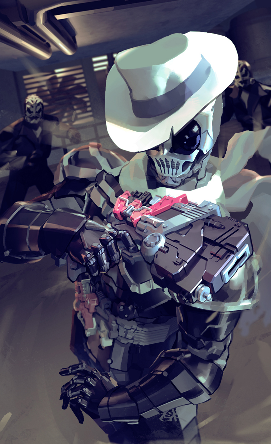 1boy, 2others, armor, black_suit, commentary, rider_belt, fedora, formal_clothes