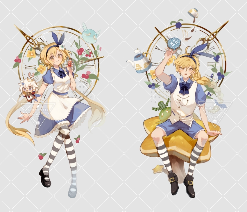 1boy, 2girls, :o, aether_(genshin_impact), ahoge, alice_(alice_in_wonderland), alice_(alice_in_wonderland)_(cosplay), alice's_adventures_in_wonderland