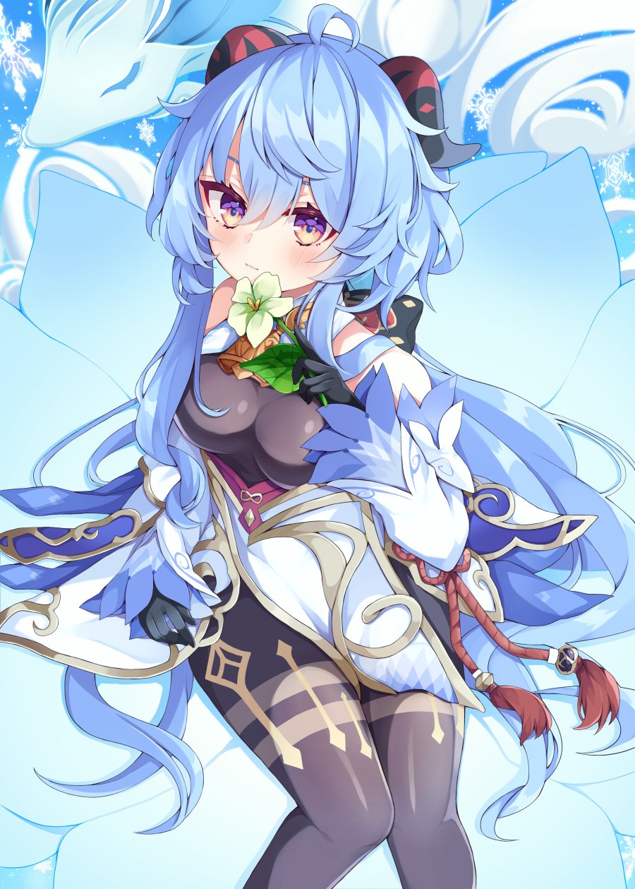 1girl, ahoge, bare_shoulders, bell, black_gloves, black_pantyhose, blue_hair, blush