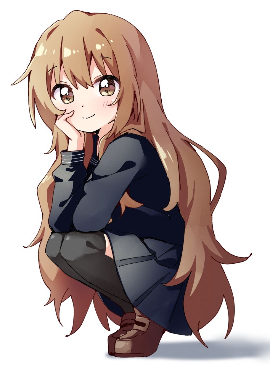 1girl, aisaka_taiga, black_sailor_collar, black_serafuku, black_shirt, black_skirt, black_thighhighs, blush, bright_pupils, brown_eyes, brown_shoes, closed_mouth, dot_nose, flipped_hair, full_body, hair_between_eyes, hand_on_own_face, haru_(konomi_150), highres, light_brown_hair, loafers, long_hair, long_sleeves, looking_at_viewer, miniskirt, over-kneehighs, pleated_skirt, sailor_collar, sailor_shirt, school_uniform, serafuku, shirt, shoes, short_eyebrows, sidelocks, simple_background, skirt, smile, solo, split_mouth, straight_hair, thighhighs, toradora!, triple_horizontal_stripe, very_long_hair, white_background, zettai_ryouiki