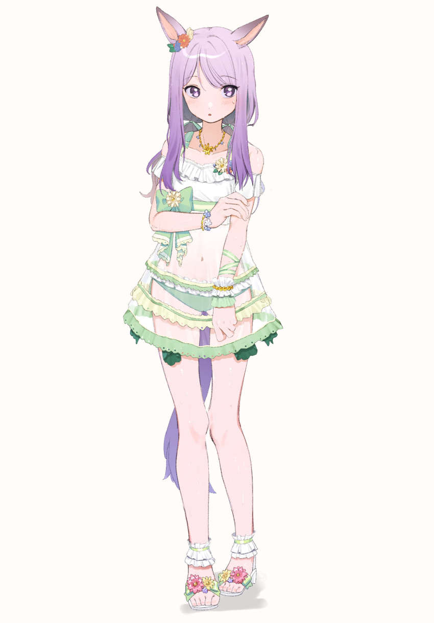 1girl, :o, absurdres, animal_ears, anklet, arm_at_side, bare_shoulders, bikini, bikini_under_clothes, blush, dress, full_body, green_bikini, hand_on_own_arm, high_heel_sandals, high_heels, highres, horse_ears, horse_girl, horse_tail, jewelry, long_hair, low_twintails, mejiro_mcqueen_(ripple_fairlady)_(umamusume), mejiro_mcqueen_(umamusume), michia_(bourgognepony), navel, necklace, purple_eyes, purple_hair, sandals, see-through_clothes, see-through_dress, simple_background, solo, standing, swimsuit, tail, twintails, umamusume