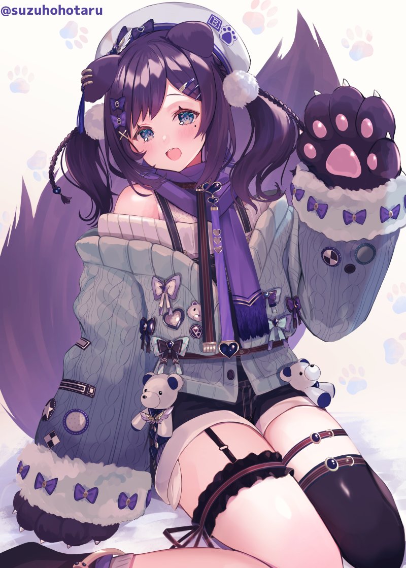 aiba_uiha, aiba_uiha_(2nd_costume), animal_hands, blue_eyes, gloves, hand_up, hat, looking_at_viewer, mole, mole_under_eye, nijisanji, open_mouth, paw_gloves, pom_pom_(clothes), purple_hair, purple_scarf, scarf, shorts, single_thighhigh, sitting, suzuho_hotaru, sweater, thighhighs, twintails, twitter_username, virtual_youtuber, wariza