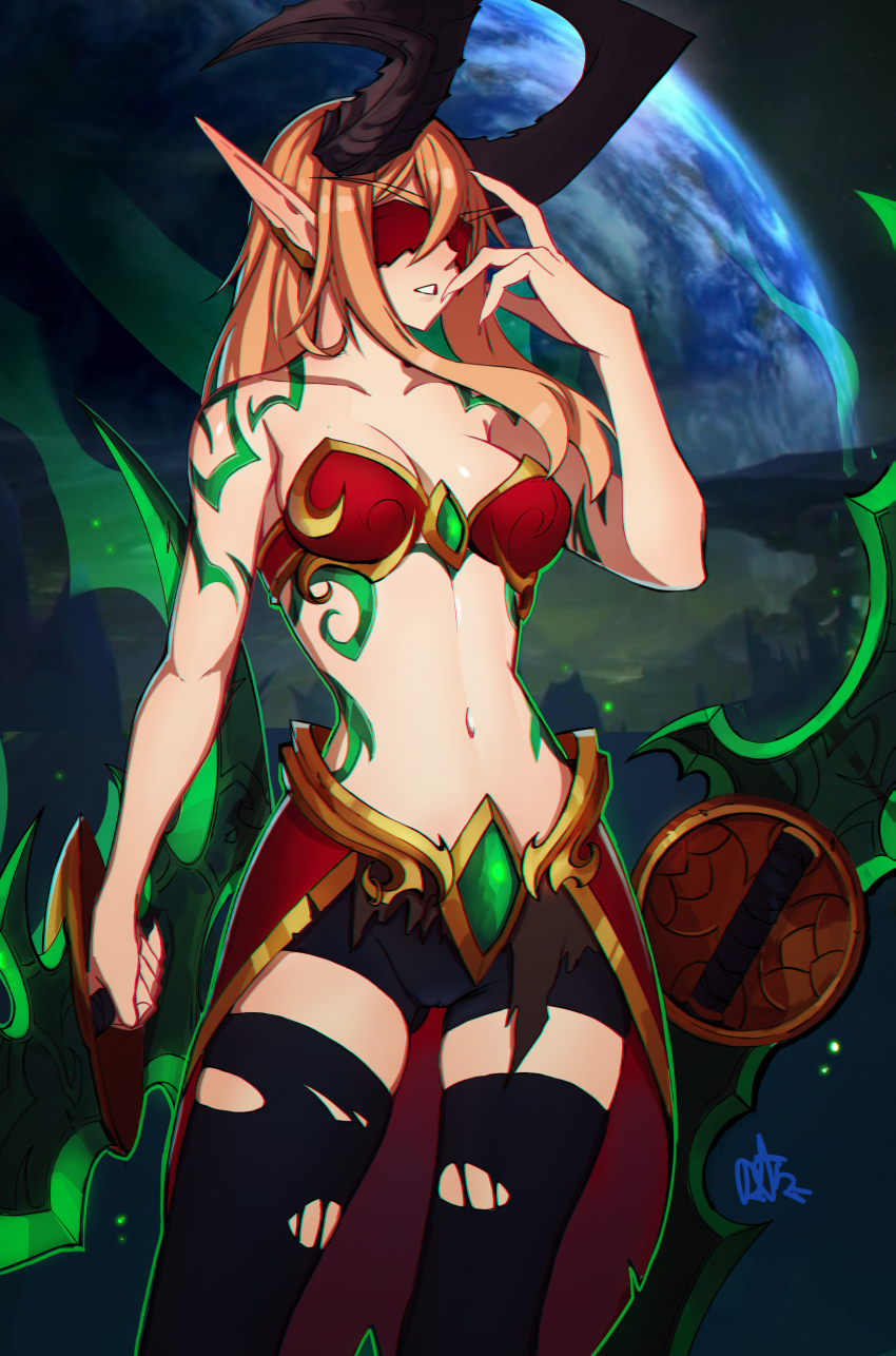 1girl, absurdres, arm_tattoo, armor, bare_shoulders, bike_shorts, bikini, bikini_armor, bikini_top_only, black_thighhighs, blindfold, blonde_hair, breasts, cleavage, covered_eyes, demon_hunter_(warcraft), distr, fingernails, hand_up, highres, holding, holding_weapon, horns, long_eyebrows, long_hair, medium_breasts, navel, planet, pointy_ears, sharp_fingernails, signature, solo, swimsuit, tattoo, thighhighs, torn_clothes, torn_thighhighs, twin_blades, warcraft, weapon, world_of_warcraft