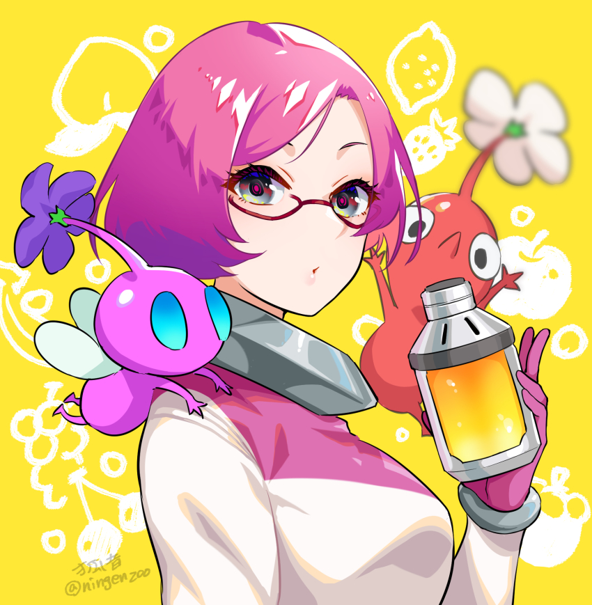 1girl, animification, bottle, brittany_(pikmin), flower, glasses, grey_eyes, highres