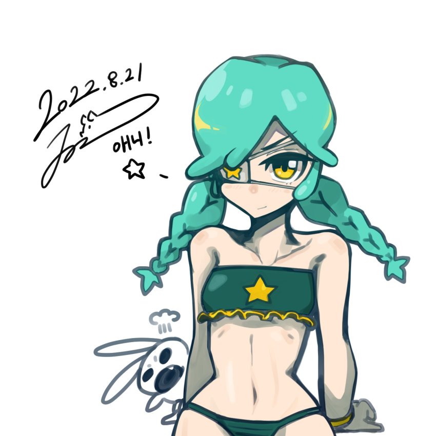 1girl, annie_(skullgirls), bikini, bracelet, braid, collarbone, dillo_(smootharmadillo), eyepatch, frilled_bikini, frills, green_hair, highres, jewelry, long_hair, looking_at_viewer, navel, sagan_(skullgirls), skullgirls, solo, strapless, swimsuit, tube_top, twin_braids, upper_body, white_background, yellow_eyes