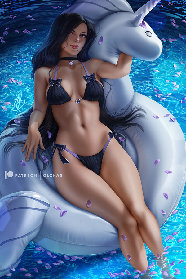 1girl, artist_logo, artist_name, bare_arms, bare_legs, bikini, black_bikini, black_bow, black_choker, black_hair, bow, bow_bikini, breasts, choker, cleavage, collarbone, dated, inflatable_toy, inflatable_unicorn, logo, long_hair, looking_at_viewer, medium_breasts, mole, mole_under_mouth, olchas, patreon_logo, patreon_username, petals, sideboob, soaking_feet, solo, straight_hair, swimsuit, the_witcher_(series), the_witcher_3, very_long_hair, watermark, yennefer_of_vengerberg
