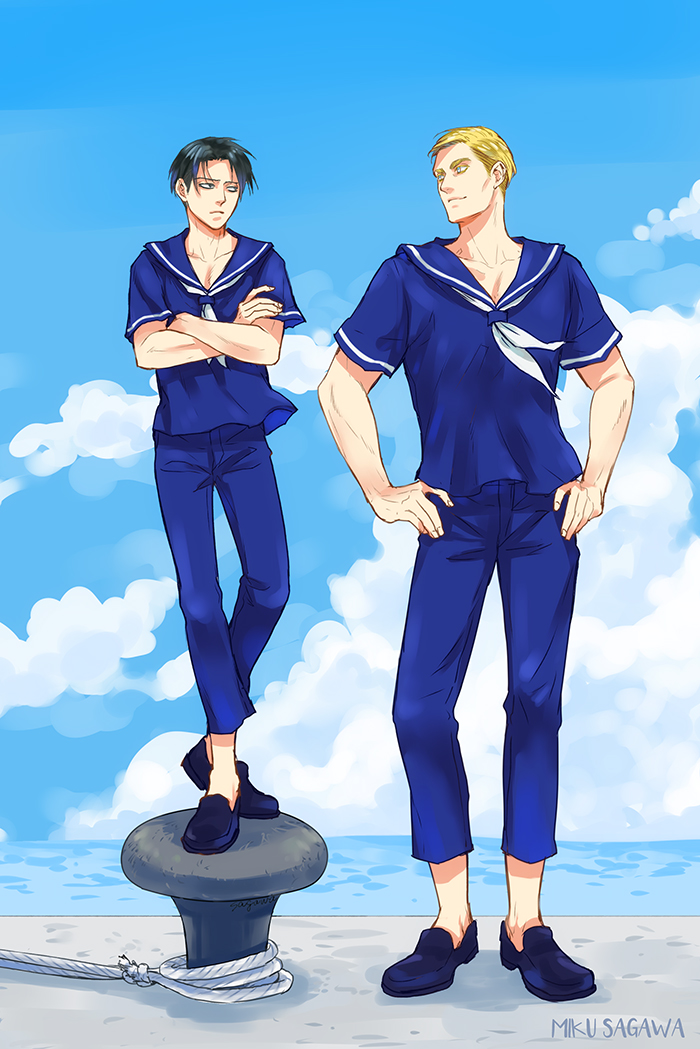 2boys, artist_name, black_eyes, black_hair, blonde_hair, blue_eyes, blue_pants, blue_sailor_collar