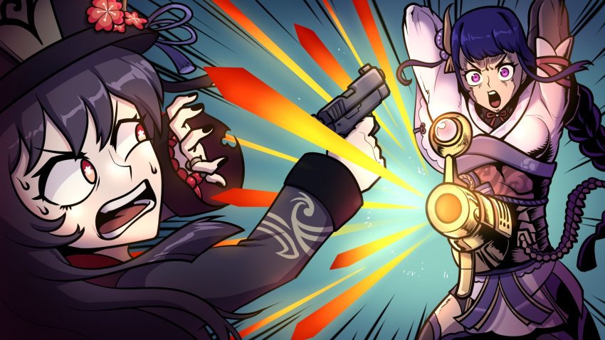 2girls, ammunition, arms_up, battle_tendency, bead_bracelet, beads, black_hair, black_headwear, black_nails, blue_background, bracelet, commentary, emphasis_lines, english_commentary, footballhead, genshin_impact, gun, handgun, highres, holding, holding_gun, holding_weapon, hu_tao_(genshin_impact), japanese_clothes, jewelry, jojo_no_kimyou_na_bouken, kimono, long_braid, long_hair, long_sleeves, multiple_girls, nail_polish, obi, open_mouth, parody, purple_eyes, purple_hair, purple_kimono, raiden_shogun, red_eyes, rudolph_von_stroheim, sash, sweat, upper_body, v-shaped_eyebrows, very_long_hair, weapon