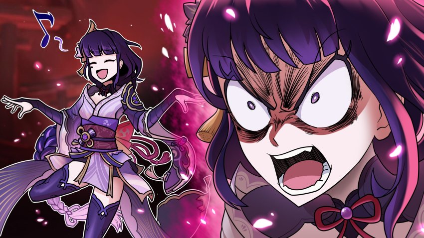 1girl, :d, ^_^, armor, blunt_bangs, bridal_gauntlets, closed_eyes, commentary, eighth_note, english_commentary, footballhead, genshin_impact, highres, japanese_clothes, kimono, long_braid, long_hair, mole, mole_under_eye, multiple_views, musical_note, obi, open_mouth, purple_eyes, purple_hair, purple_kimono, purple_thighhighs, raiden_shogun, red_sash, sash, shoulder_armor, smile, thighhighs, v-shaped_eyebrows, very_long_hair, wide_sleeves