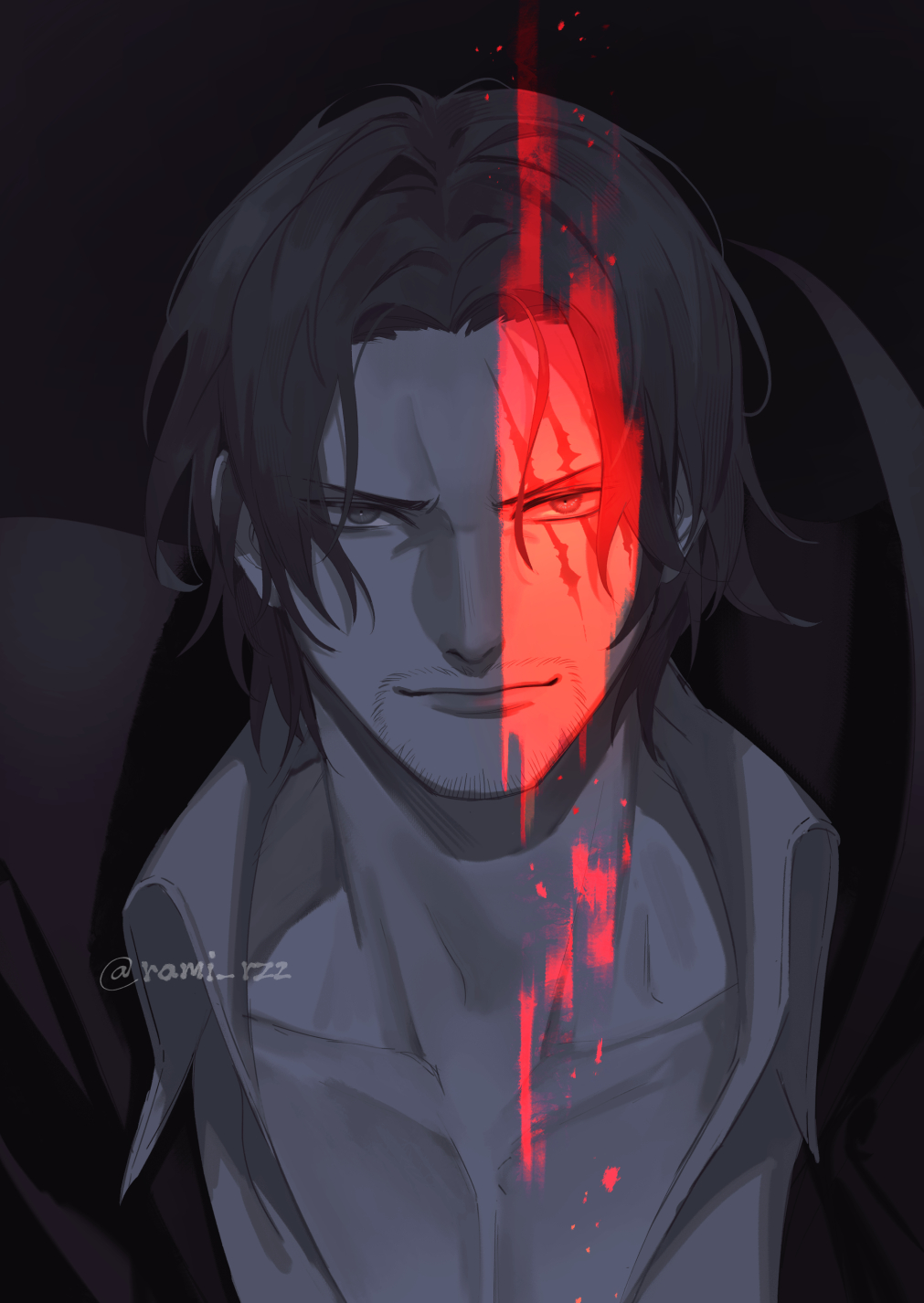 1boy, collar, collarbone, facial_hair, highres, looking_at_viewer, male_focus, monochrome