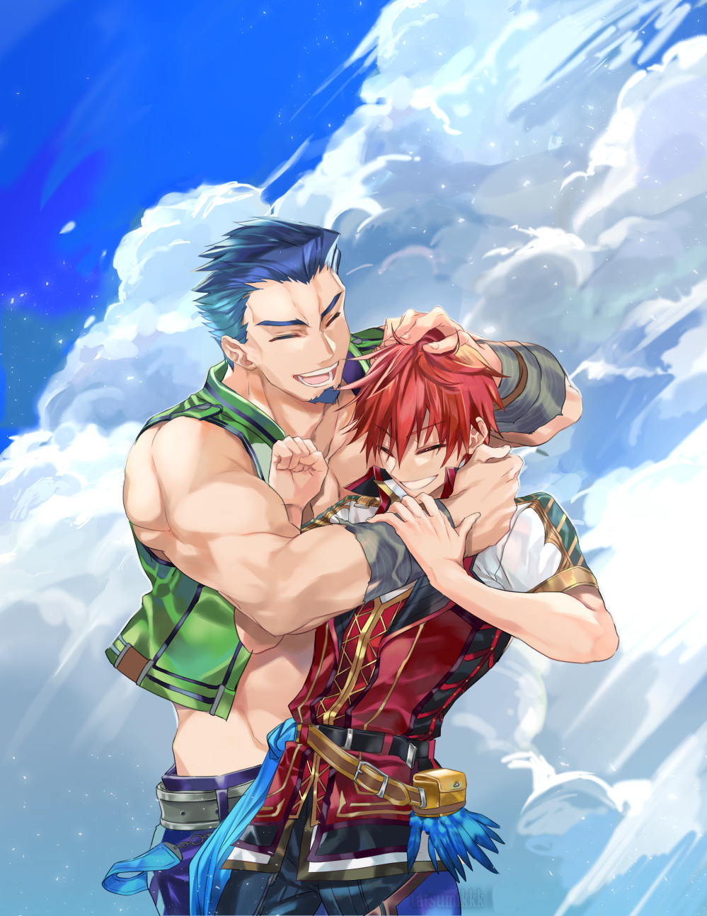 2boys, adol_christin, armband, beard, belt, belt_pouch, blue_hair, closed_eyes, cloud, dogi_(ys), facial_hair, goatee, headpat, highres, hug, implied_yaoi, male_focus, multiple_boys, muscular, muscular_male, open_clothes, pants, pouch, red_hair, short_hair, skyline, sleeveless, smile, tatsumikkk, vest, yaoi, ys, ys_viii:_lacrimosa_of_dana