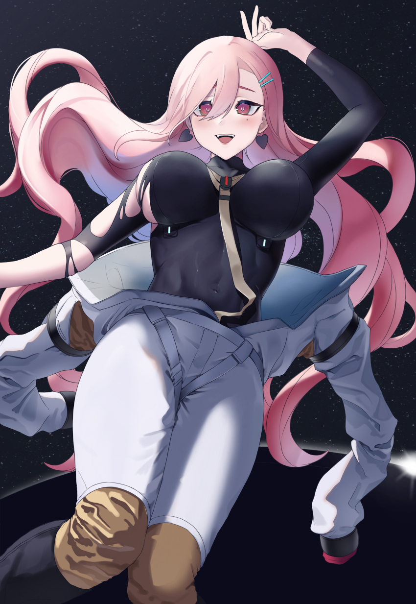 1girl, absurdres, arm_up, black_bodysuit, blush, bodysuit, breasts, covered_navel, earrings, feet_out_of_frame, girls'_frontline, hair_ornament, hairpin, highres, jewelry, large_breasts, long_hair, long_sleeves, looking_at_viewer, mole, mole_under_eye, official_alternate_costume, open_mouth, parted_lips, pink_eyes, pink_hair, saiun_sigma, sig_mcx_(girls'_frontline), sig_mcx_(trans-dimensional_sentinel)_(girls'_frontline), smile, solo, space, spacesuit, spade_(shape), spade_earrings, star_(symbol), star_symbol_background, teeth, torn_bodysuit, torn_clothes, upper_teeth_only