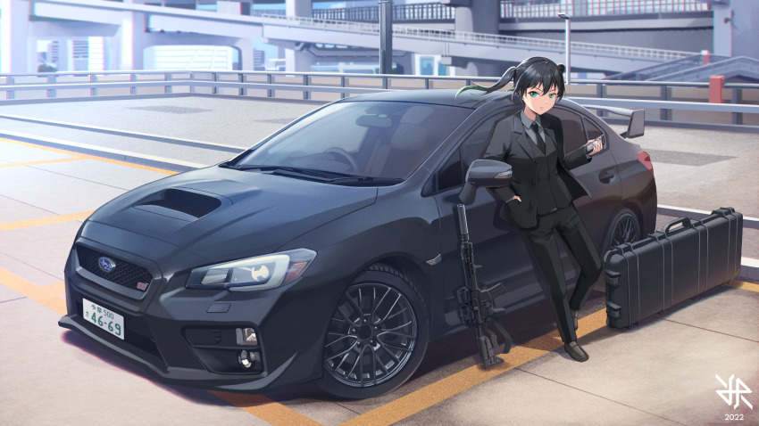 1girl, ar-15, bcm_mcmr, black_car, black_hair, car, cellphone, formal_clothes, gun, highres, hiroki_ree, looking_at_viewer, love_live!, love_live!_nijigasaki_high_school_idol_club, motor_vehicle, phone, product_placement, rifle, smartphone, subaru_(brand), subaru_wrx, suit, takasaki_yu, tennoji_rina, vehicle_focus, weapon