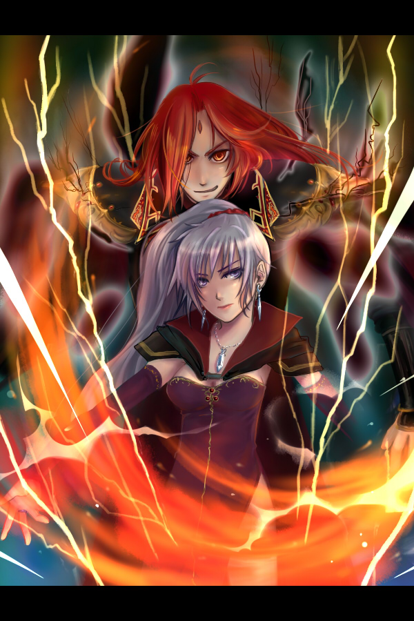 blue_eyes, couple, earrings, facial_mark, fire, fire_emblem, fire_emblem:_genealogy_of_the_holy_war, forehead_mark, ginga1015, ishtar_(fire_emblem), jewelry, julius_(fire_emblem), letterboxed, lightning, magic, nintendo, ponytail, red_eyes, red_hair, silver_hair