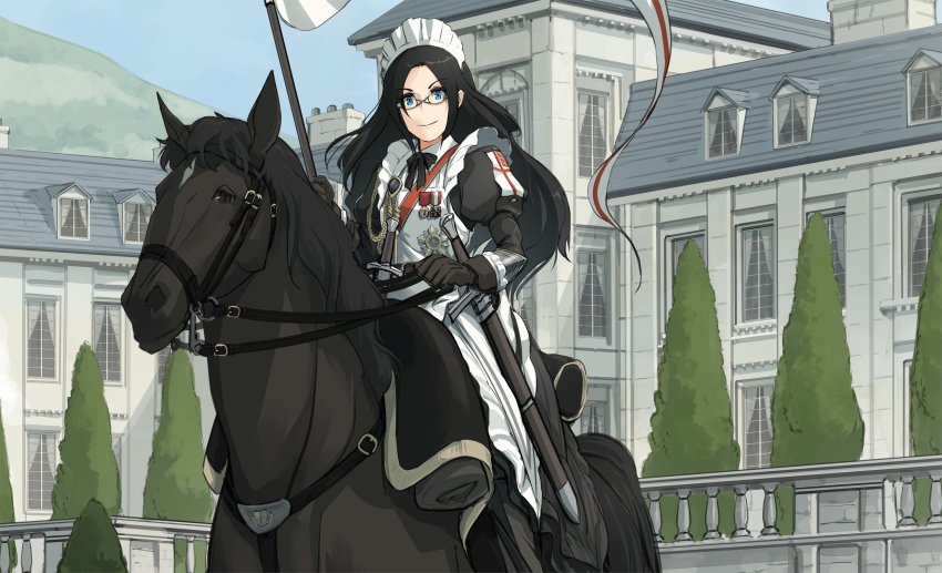 1girl, apron, asterisk_kome, banner, black_hair, blue_eyes, building, cropped, georgian, glasses, highres, holding, holding_reins, holding_sword, holding_weapon, horse, horseback_riding, looking_at_viewer, maid, maid_apron, maid_headdress, marie_gardner, medal, mountainous_horizon, original, reins, riding, sword, tree, weapon