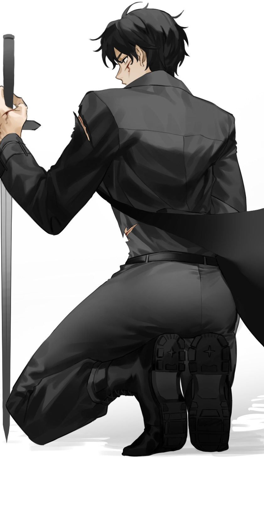 1boy, ass, belt, black_belt, black_coat, black_hair, black_pants, black_shirt, black_shoes, blood, blood_on_face, coat, cuts, from_behind, full_body, highres, holding, holding_sword, holding_weapon, injury, kneeling, long_sleeves, male_focus, omniscient_reader's_viewpoint, pants, planted, planted_sword, planted_weapon, shirt, shoe_soles, shoes, short_hair, simple_background, solo, ssssyoon, sword, torn_clothes, torn_shirt, weapon, white_background, yoo_joonghyuk
