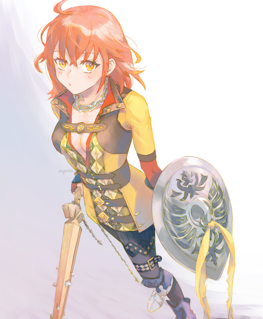 1girl, :o, artist_name, blush, breasts, chain, chain_necklace, commentary_request, cosplay, fate/grand_order, fate_(series), feet_out_of_frame, fujimaru_ritsuka_(female), gradient_background, hair_down, highres, holding, holding_shield, holding_sword, holding_weapon, jewelry, long_hair, long_sleeves, looking_at_viewer, mandricardo_(fate), mandricardo_(fate)_(cosplay), necklace, nyororin, official_alternate_hairstyle, orange_hair, pants, parted_lips, poleyn, shield, small_breasts, solo, standing, sword, weapon, wooden_sword, yellow_eyes