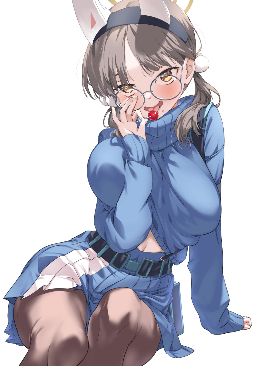 1girl, animal_ears, belt, black_pantyhose, blue_archive, blue_skirt, blue_sweater, breasts