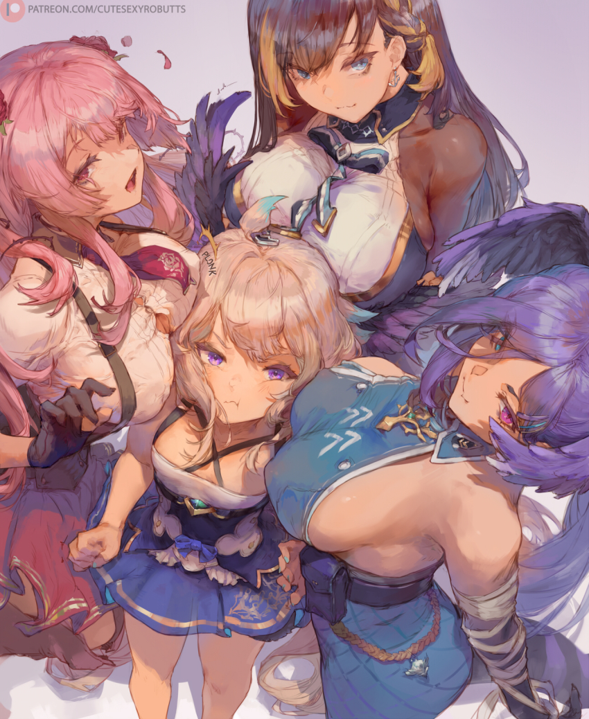 4girls, black_hair, blonde_hair, blue_eyes, breast_envy, breasts, cutesexyrobutts, enna_alouette, flat_chest, head_wings, heterochromia, highres, idol, large_breasts, multiple_girls, nijisanji, nijisanji_en, petra_gurin, petra_gurin_(2nd_costume), pink_eyes, pink_hair, purple_eyes, purple_hair, rosemi_lovelock, rosemi_lovelock_(military), selen_tatsuki, selen_tatsuki_(military), sideboob, skirt, surrounded, surrounded_by_breasts, thighs, virtual_youtuber, wings