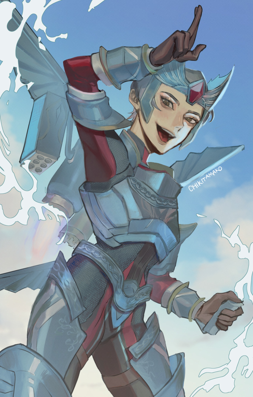 1girl, apex_legends, armor, azure_blessing_valkyrie, black_bodysuit, black_eyes, black_gloves, bodysuit, breastplate, chikitamako, cloud, flying, gloves, grey_hair, highres, holding, jetpack, missile_pod, official_alternate_costume, open_mouth, pointing, pointing_up, sky, smile, solo, valkyrie_(apex_legends)