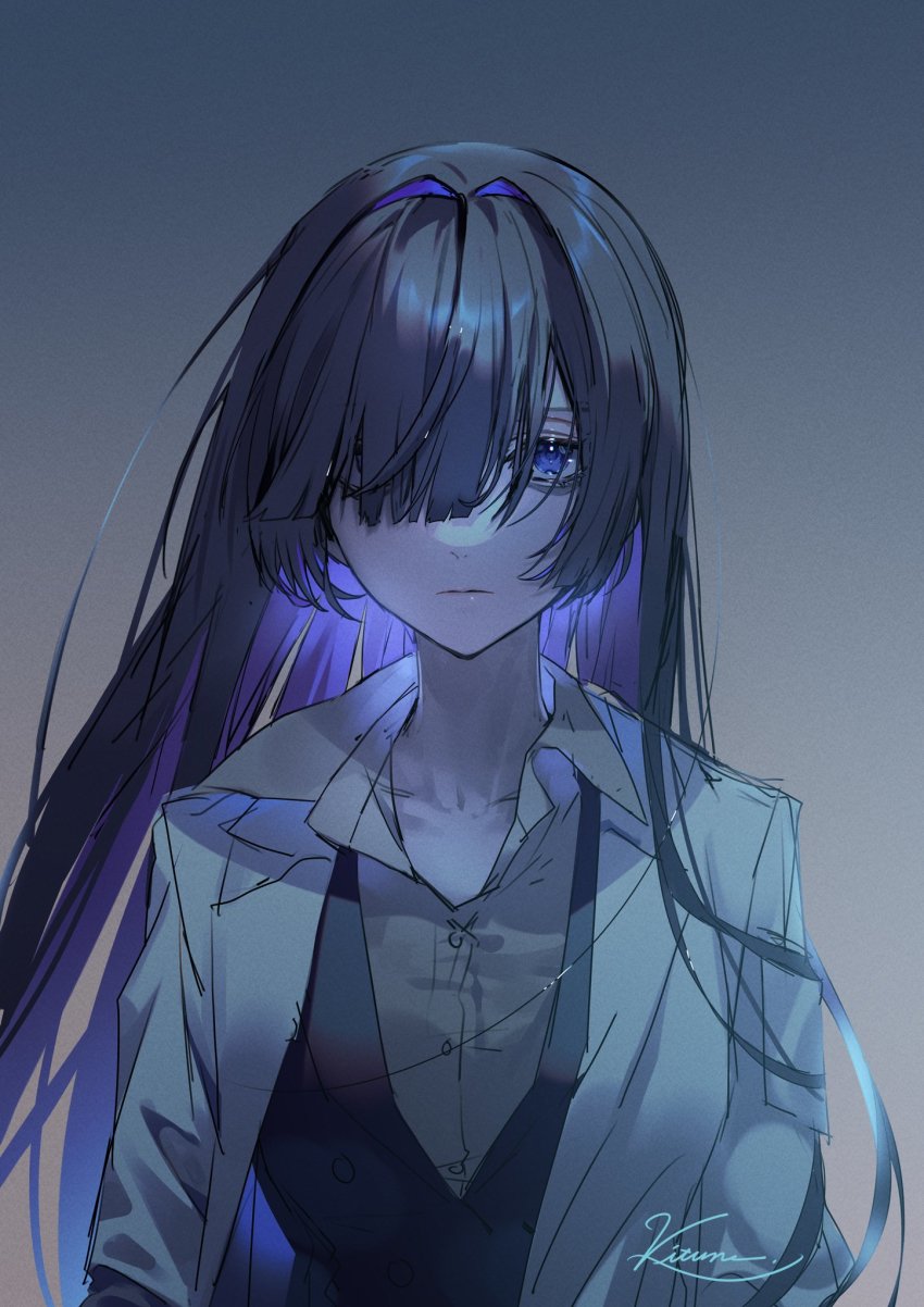 1girl, black_hair, black_vest, blue_eyes, brown_shirt, closed_mouth, collared_shirt, commentary_request