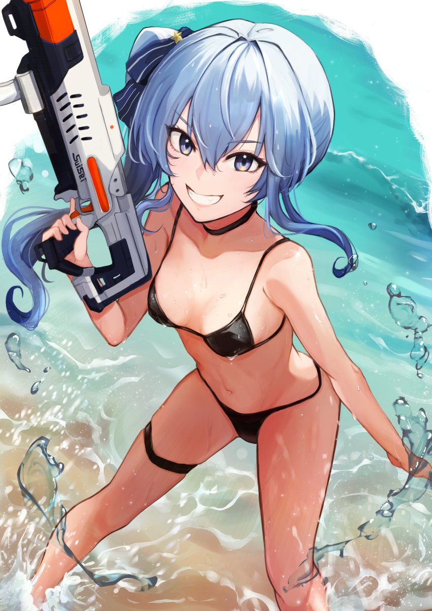 absurdres, armpit_crease, bare_shoulders, beach, bikini, black_bikini, blue_eyes, blue_hair