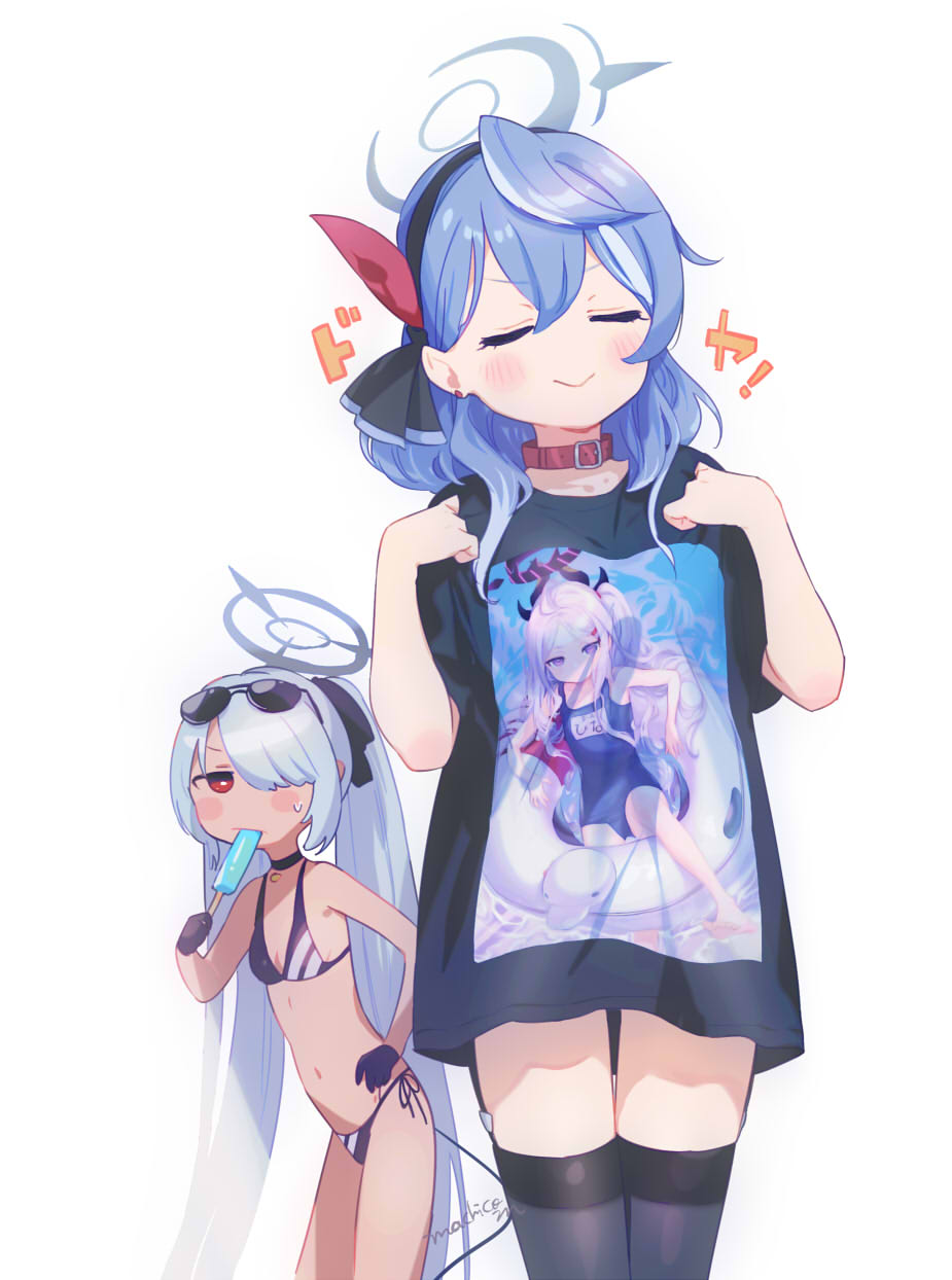 2girls, :>, ako_(blue_archive), alternate_costume, bikini, black_bikini, black_gloves, black_hairband