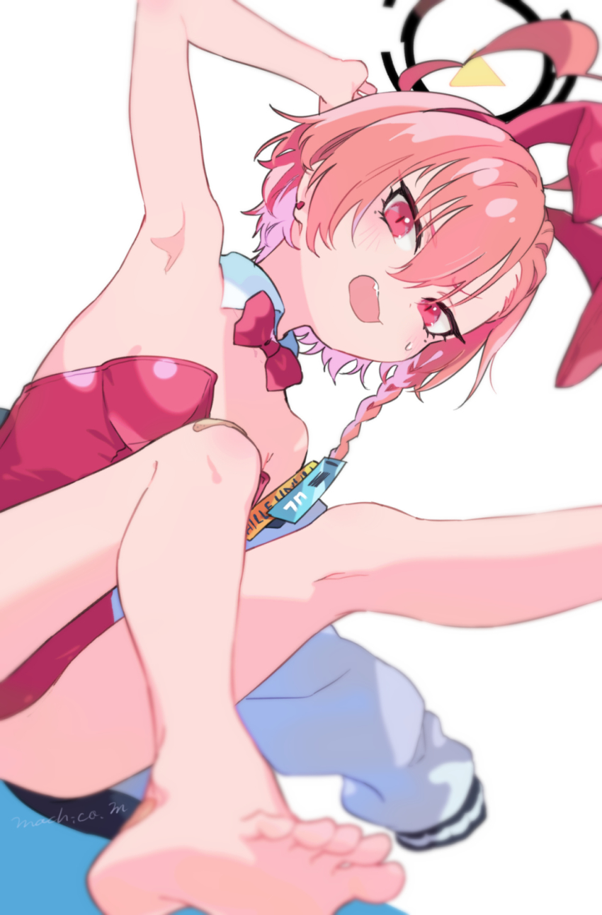 1girl, animal_ears, arm_up, armpits, bare_legs, barefoot, blue_archive, blush, bow, bowtie, braid, breasts, detached_collar, ear_piercing, fake_animal_ears, fang, feet, halo, highres, jacket, jewelry, leotard, looking_at_viewer, machico_maki, neru_(blue_archive), neru_(bunny)_(blue_archive), open_clothes, open_jacket, open_mouth, piercing, pink_hair, playboy_bunny, rabbit_ears, red_bow, red_bowtie, red_eyes, red_leotard, short_hair, side_braid, signature, simple_background, small_breasts, solo, sweat, white_background