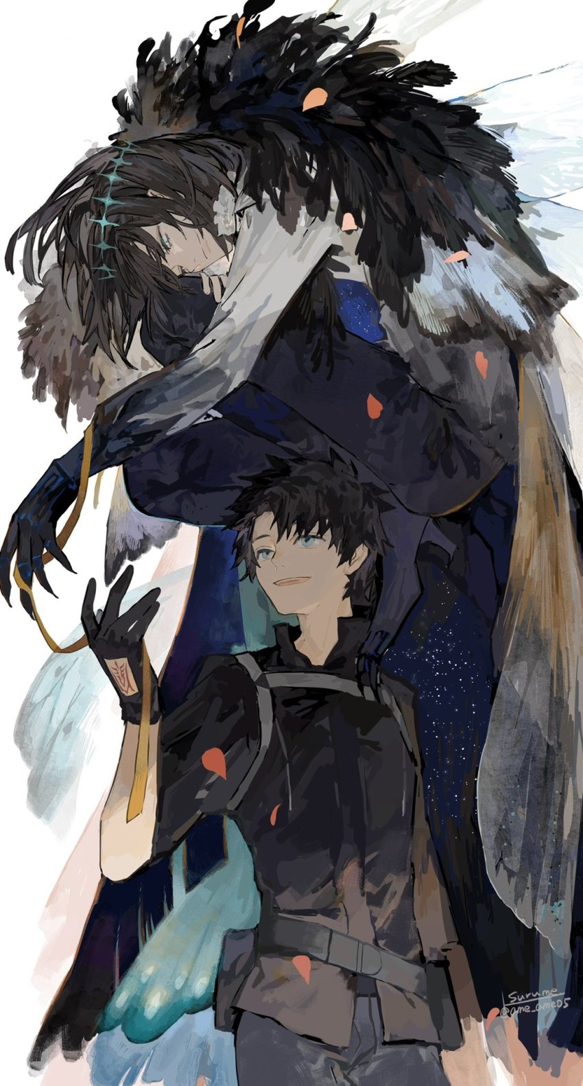2boys, arthropod_boy, belt, black_belt, black_gloves, black_hair, black_jacket, black_pants, blue_eyes, claws, cloak, closed_mouth, collar, collared_shirt, command_spell, crown, diamond_hairband, falling_petals, fate/grand_order, fate_(series), feather_boa, frilled_collar, frills, fujimaru_ritsuka_(male), fujimaru_ritsuka_(male)_(polar_chaldea_uniform), gloves, highres, insect_wings, jacket, light_smile, long_sleeves, looking_at_another, looking_down, looking_up, male_focus, medium_hair, multiple_boys, oberon_(fate), oberon_(third_ascension)_(fate), official_alternate_costume, official_alternate_hair_color, open_mouth, pants, petals, puffy_sleeves, shirt, short_hair, simple_background, smile, spoilers, surume_(su1193), white_background, white_shirt, wings