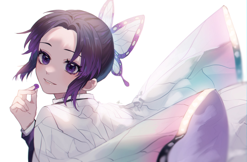 1girl, animal_print, black_hair, black_jacket, butterfly_hair_ornament, butterfly_print, demon_slayer_uniform, gradient_hair, hair_bun, hair_ornament, haori, highres, holding, holding_petal, iyo_(nanaka-0521), jacket, japanese_clothes, kimetsu_no_yaiba, kochou_shinobu, looking_at_viewer, multicolored_hair, parted_bangs, parted_lips, petals, purple_eyes, purple_hair, sidelocks, simple_background, smile, solo, two-tone_hair, upper_body, wavy_hair, white_background