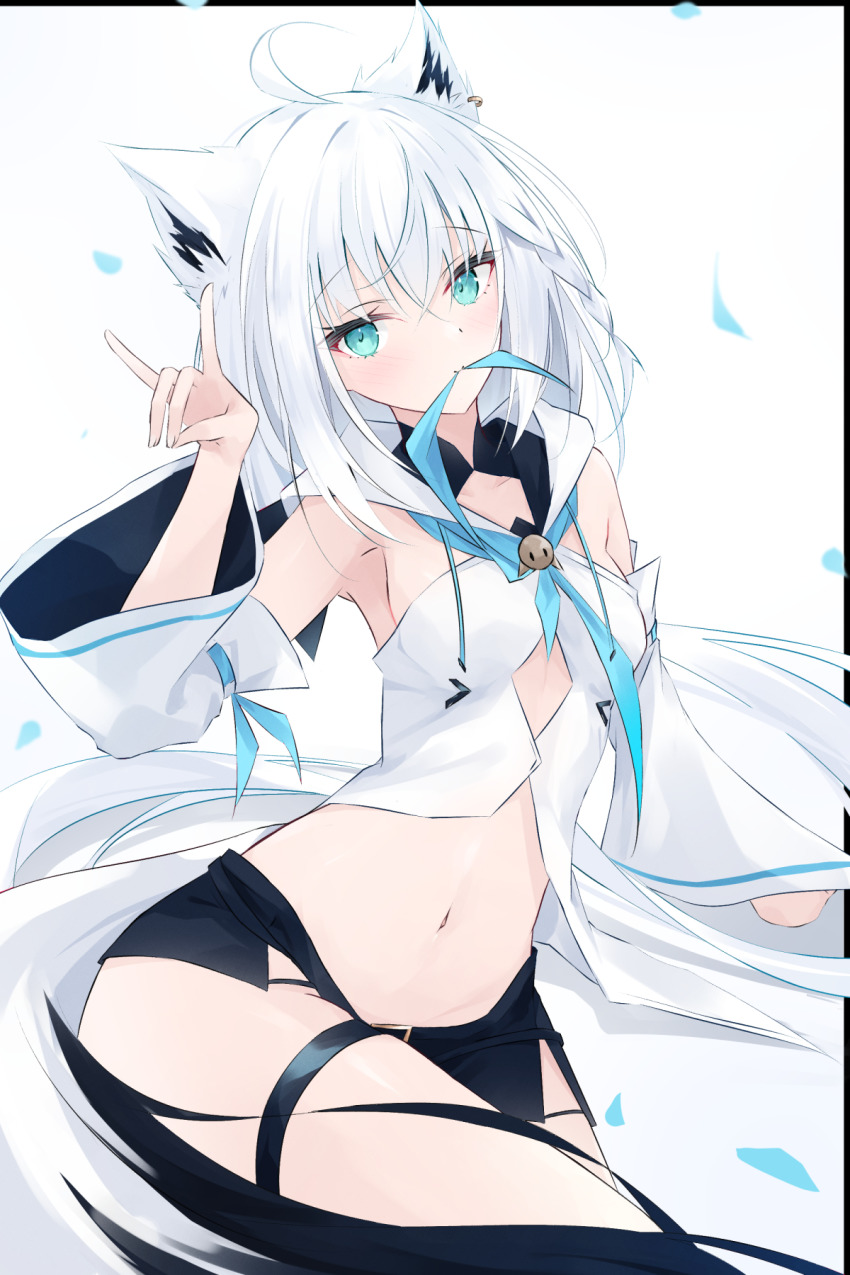 1girl, ahoge, animal_ears, aqua_eyes, armpits, black_shorts, blue_neckerchief, braid