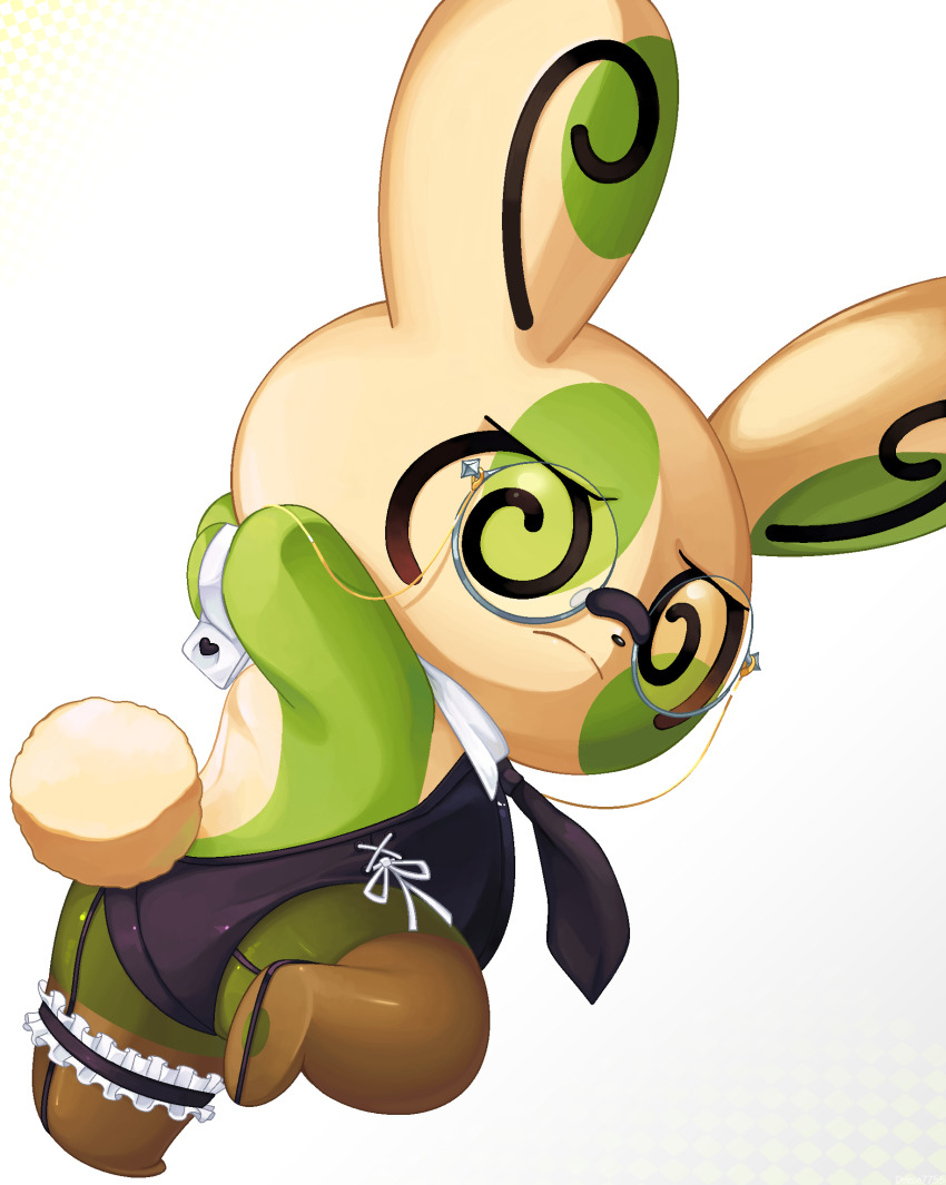 alternate_color, animal_ears, animal_focus, arms_behind_back, backless_leotard, black_leotard, black_necktie, brown_pantyhose, closed_mouth, commentary, deleca7755, english_commentary, frills, full_body, gen_3_pokemon, glasses, highleg, highleg_leotard, highres, leotard, looking_at_viewer, necktie, nintendo, no_humans, pantyhose, playboy_bunny, pokemon, pokemon_(creature), rabbit_ears, rabbit_tail, shiny_pokemon, simple_background, spinda, standing, standing_on_one_leg, tail, thigh_strap, white_background, wrist_cuffs