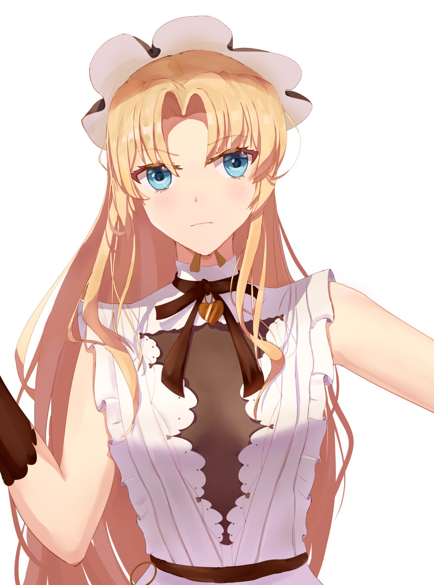 1girl, absurdres, azur_lane, black_gloves, blonde_hair, blue_eyes, breasts, carrot-jam, center_opening, dress, gloves, highres, long_hair, looking_at_viewer, official_alternate_costume, see-through_clothes, see-through_dress, simple_background, sleeveless, sleeveless_dress, small_breasts, solo, upper_body, vanguard_(azur_lane), vanguard_(half-hearted_masquerade)_(azur_lane), very_long_hair, white_background, white_headwear