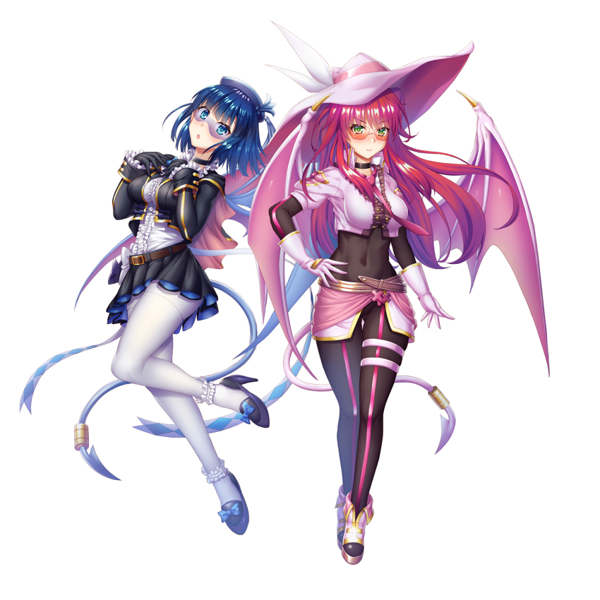 2girls, :o, ankle_cuffs, belt, beret, black_bodysuit, black_choker, black_footwear, black_gloves, black_jacket, black_skirt, blue-tinted_eyewear, blue_eyes, blue_hair, blush, bodysuit, breasts, brown_belt, center_frills, choker, closed_mouth, commentary_request, covered_navel, crop_top, cropped_jacket, demon_wings, duel_monster, elbow_gloves, evil_twin_ki-sikil, evil_twin_lil-la, frills, full_body, glasses, gloves, green_eyes, groin, hair_between_eyes, hand_on_own_hip, hands_on_own_chest, hat, high_heels, highres, jacket, ki-sikil_(yu-gi-oh!), large_breasts, large_hat, lil-la_(yu-gi-oh!), long_hair, long_sleeves, looking_at_viewer, multiple_girls, necktie, pantyhose, partial_commentary, pink-tinted_eyewear, pink_hair, pink_necktie, pink_wings, purple_footwear, purple_gloves, purple_shirt, purple_skirt, shirt, shoes, short_hair, sidelocks, simple_background, skindentation, skirt, sleeve_cuffs, smile, standing, standing_on_one_leg, sunglasses, tail, tail_ornament, tail_ring, takkayuuki, thigh_strap, tinted_eyewear, white_background, white_pantyhose, white_shirt, wings, yu-gi-oh!