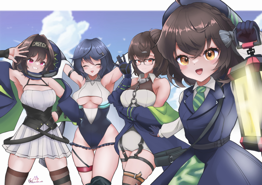 4girls, absurdres, ahoge, allen_m._sumner_(azur_lane), arm_under_breasts, arms_up, artist_name, azur_lane