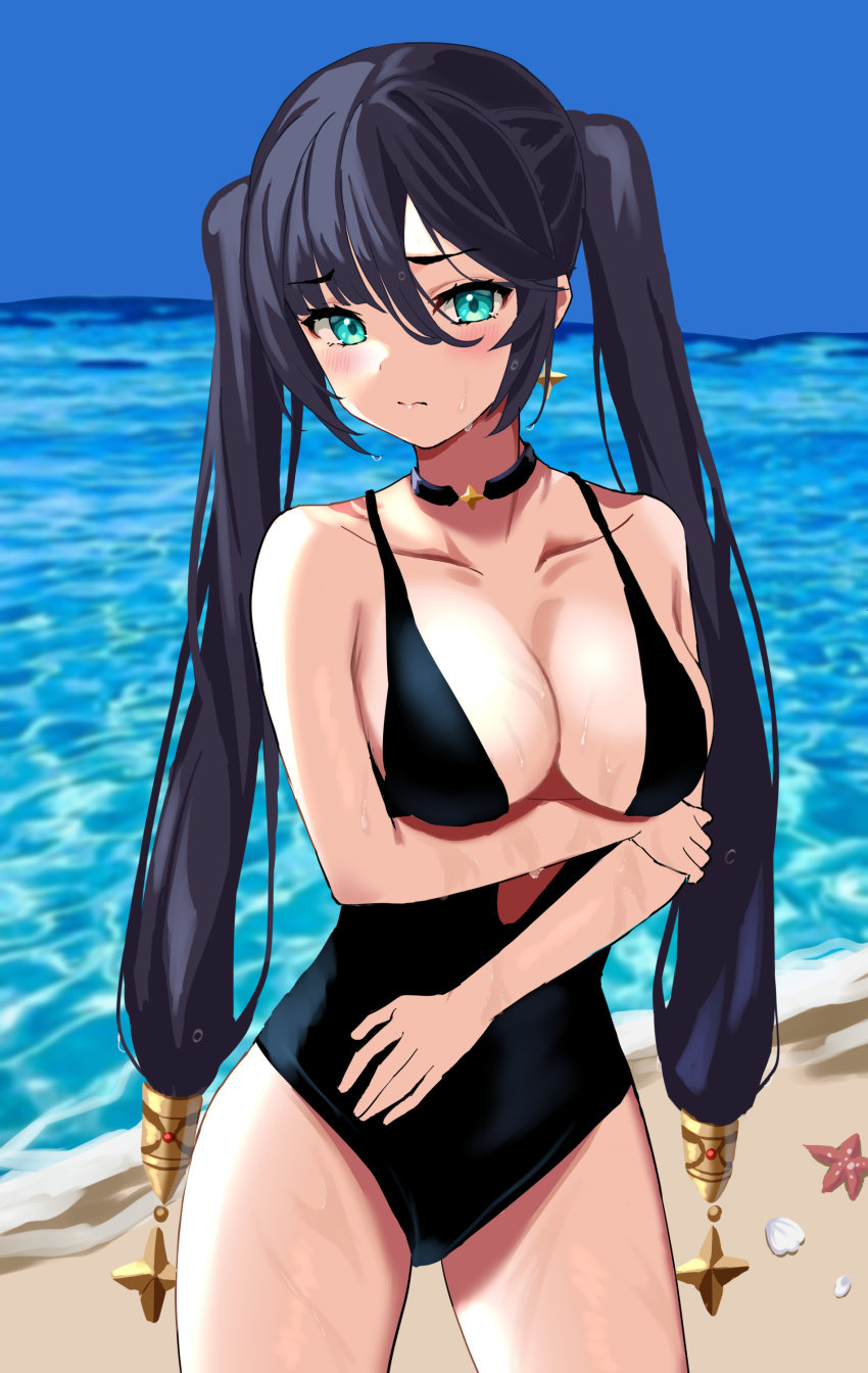 1girl, absurdres, alternate_breast_size, arm_under_breasts, beach, black_choker, black_hair, black_one-piece_swimsuit